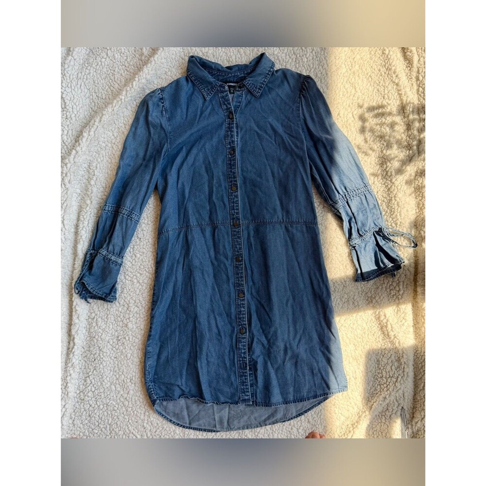 Express Lyocell Denim Shirt Dress XS Boho Puff Sleeve Chambray Tunic